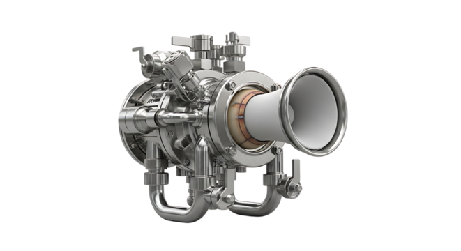 Futuristic Metallic Device with Complex Tubes and Nozzle in White Background