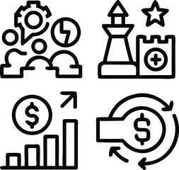 Financial set of vector icons for web design featuring money, currency $\text{sign}$s, banking, and investment symbols.