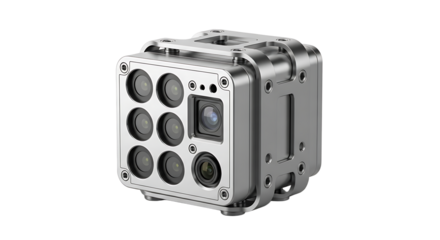 High Tech Cube Camera with Multiple Lenses in Silver Metal Finish