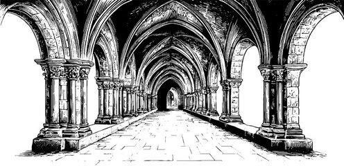 Gothic cloister archway with pointed details - vintage architectural design