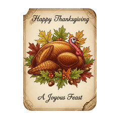 Happy Thanksgiving turkey illustration with autumn leaves, berries, and acorns, perfect for holiday greeting cards, festive invitations, menus, blog posts, and seasonal banners for a joyous feast,