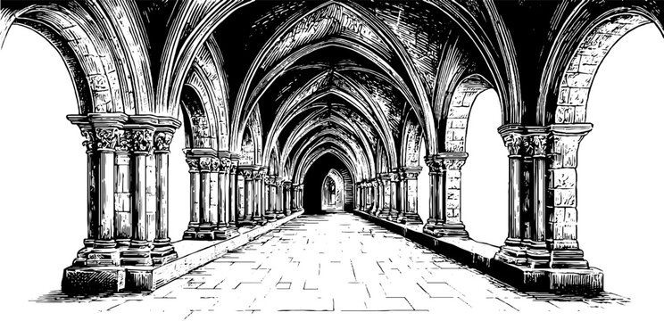 Gothic cloister archway with pointed details - vintage architectural design