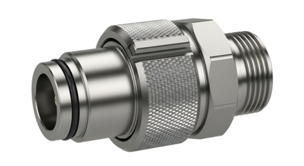 Metallic industrial connector with knurled grip and threaded end for machinery or equipment