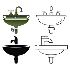 Set of four stylized bathroom sink illustrations in modern and minimalist design variations, ideal for plumbing, interior, and editorial use