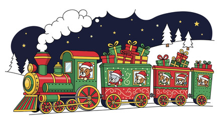Naklejka premium Delightful Christmas train carrying adorable bears and festive gifts through a snowy winter wonderland, perfect for holiday cheer and joyful celebrations