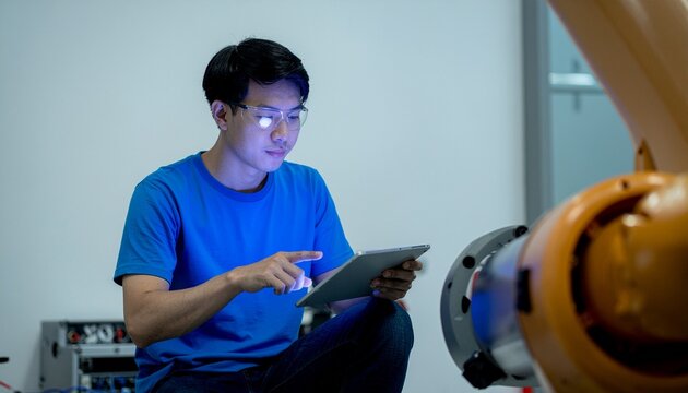 An engineer is working with a tablet, controlling a robotic arm, demonstrating advanced technology in an industrial setting. The image portrays innovation and the future of automation. 