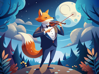 A charming fox in a classy tuxedo plays the violin under moonlight, blending grace, mystery, and timeless artistry
