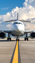 Obraz premium Airplane front view parked on runway, yellow line guides, clouds fill sky above