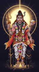 Fototapeta premium Lord Kalabhairava Power. Divine Aura and Black Dogs Illustration.