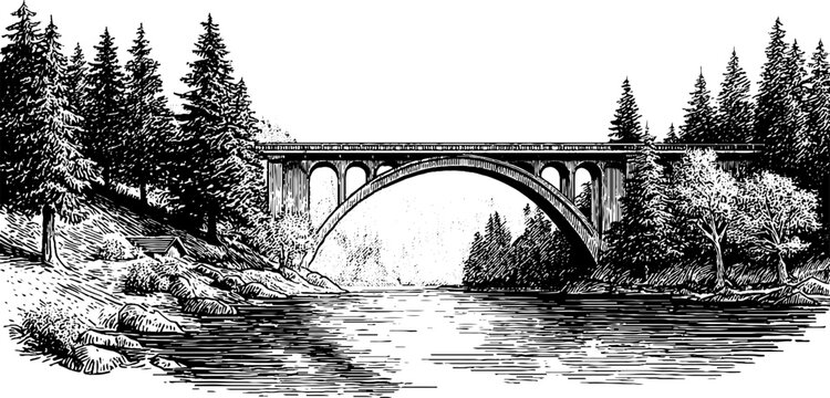 Vintage engraved landscape vignette featuring river bridge and forest scenery