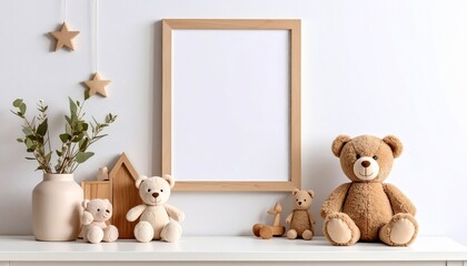 Cozy Nursery Decor Teddy Bears with Frame, Vase on White Wall, and Baby Room Design.