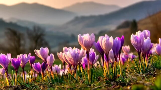 Vibrant purple crocuses blooming in a grassy field at sunset, distant mountains