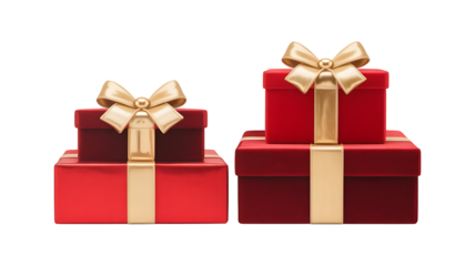 Stack of red gift boxes with golden ribbons isolated on transparent background