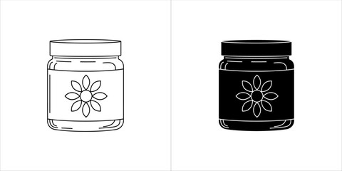 Vector art of black and white outline and silhouette of a jar with a flower label