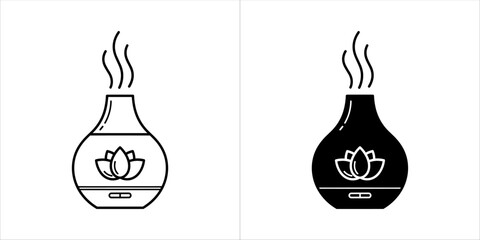 Vector art of two icons of an aroma diffuser with a lotus flower, one in outline and one in black