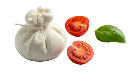 Fresh burrata cheese with sliced tomatoes and basil isolated on transparent background