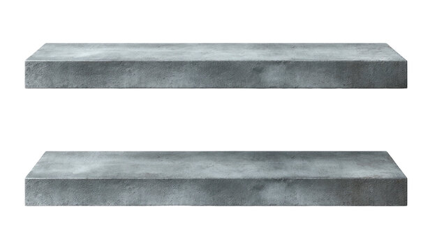 Two, grey, rectangular, concrete ledges; flat, textured, isolated on a black background