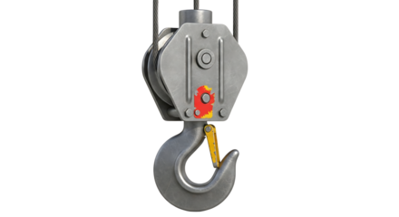 Heavy Duty Industrial Hook and Pulley System in Gray Metal with Red and Yellow Safety Features