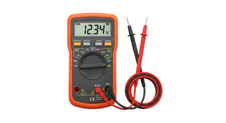 Digital Multimeter with Red and Black Probes Showing 12.34 Volts in Bright Well-Lit Environment