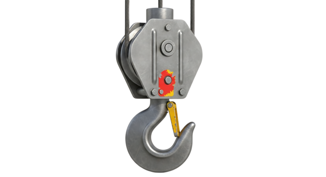 Heavy Duty Industrial Hook and Pulley System in Gray Metal with Red and Yellow Safety Features