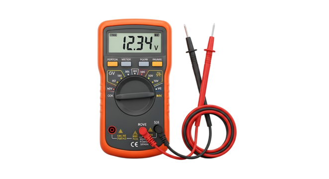 Digital Multimeter with Red and Black Probes Showing 12.34 Volts in Bright Well-Lit Environment