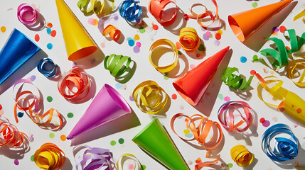 Colorful party decorations on white background