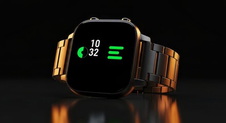 Close up of a smart watch with a metal band displaying the time and notification icons on a black screen