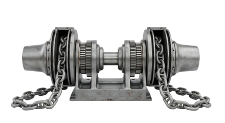 Heavy Metal Mechanical Device with Chains and Gears on White Background