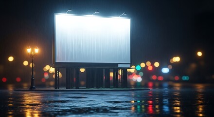 Blank billboard shines bright in the rainy city night ready for your impactful advertisement campaign or message to connect with audiences