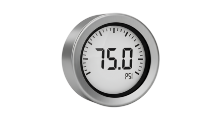 Digital Pressure Gauge Showing Fifteen PSI in Silver Frame on White Background