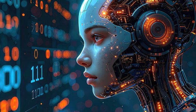 Futuristic AI Cyborg Face with Digital Data Background. - Powered by Adobe