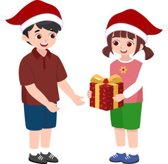 Girl Giving Christmas Gift to Boy. Flat vector illustration suitable for holiday cards, banners, flyers, and children’s books.