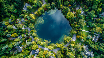 Aerial view of forest lake