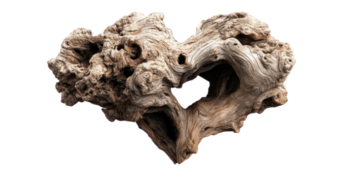 Close-up of weathered driftwood in the shape of a heart, isolated on a black background - Powered by Adobe