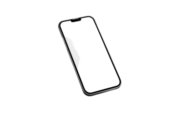 A sleek, angled, frameless mobile phone on a stark black background. It is displaying an empty screen