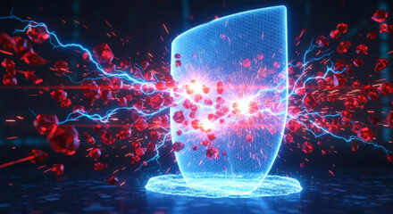 Futuristic cybersecurity concept of a glowing blue shield with a hexagonal pattern, deflecting a barrage of red particles and energy, symbolizing antivirus, firewall, and data protection.
