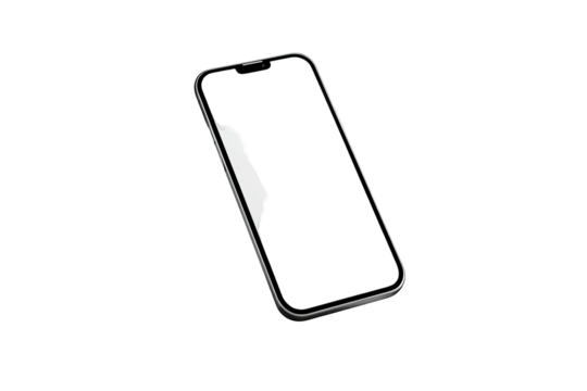 A sleek, angled, frameless mobile phone on a stark black background. It is displaying an empty screen