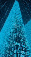 Futuristic low-angle view of a digital tower made of glowing blue binary code, symbolizing big data, data processing, and fintech on a dark background.