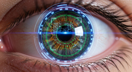 Macro close-up of a human eye with a futuristic glowing blue and green HUD, symbolizing biometric scanning, digital identity, data analysis, and advanced technology.
