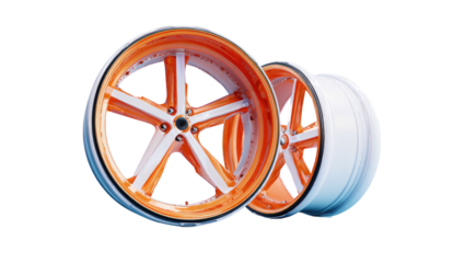 Two custom car wheels, featuring orange accents, white spokes, and chrome rims