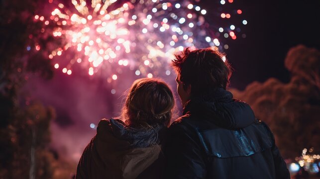 couple smiling under fireworks night sky