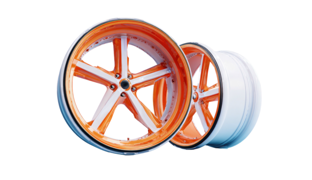 Two custom car wheels, featuring orange accents, white spokes, and chrome rims