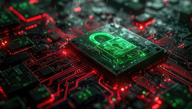 Digital padlock glowing on futuristic circuit board symbolizing cybersecurity and data protection. - Powered by Adobe