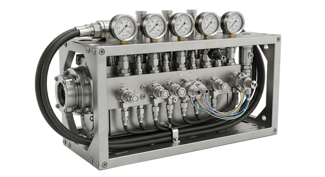 Industrial Hydraulic Control Panel with Pressure Gauges and Valves in Metal Frame