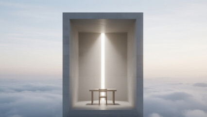 realistic cinematic photo of a small minimalist sanctuary above the clouds