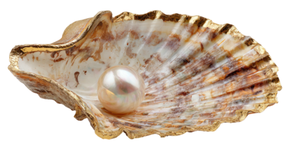 Close-up of a lustrous pearl nestled within a beautifully detailed seashell, isolated