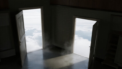 cinematic realistic interior photo of a minimal room with open doorway leading to clouds