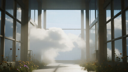cinematic realistic image of a modern hallway where clouds drift beside large windows