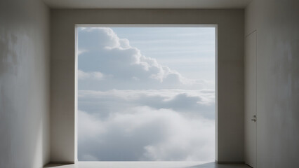 cinematic realistic interior photo of a minimal room with open doorway leading to clouds