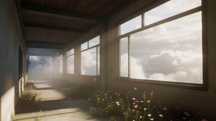 cinematic realistic image of a modern hallway where clouds drift beside large windows